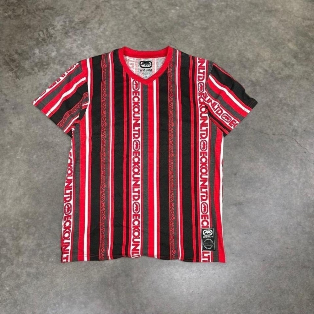 Ecko Unltd red and black striped logo t-shirt Bold all-over stripe design